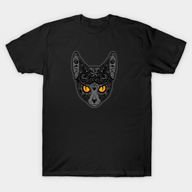 Decorated Dark Sugar Skull Cat T-Shirt by jeffbartels